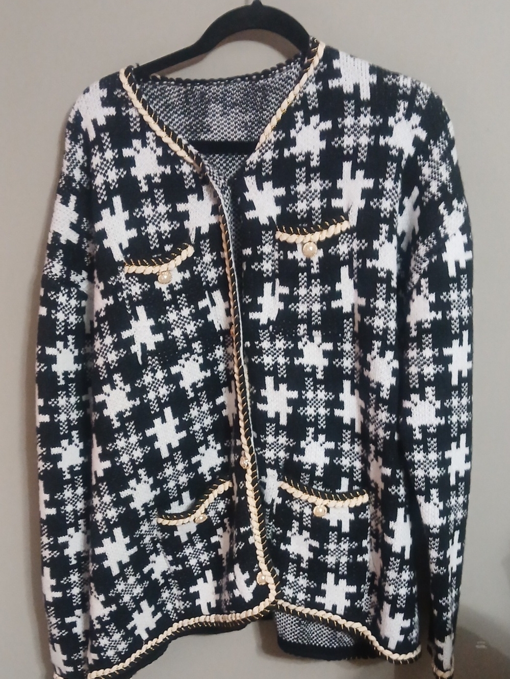Black and White Tweed-Style Chain-Trim Blazer Jacket